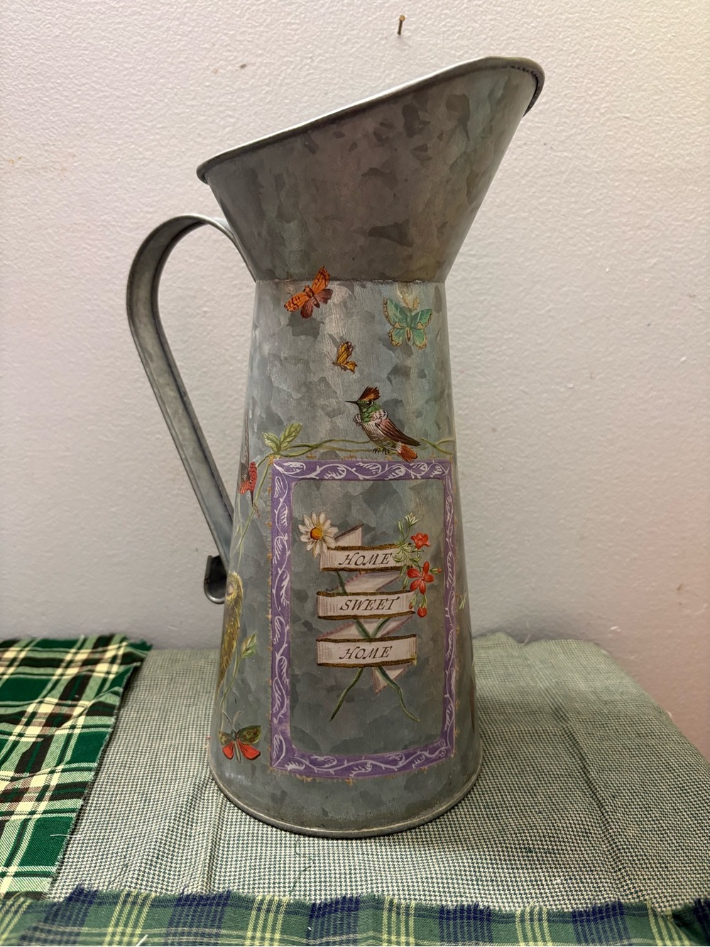 Decorative Galvanized Metal Pitcher with Floral & Bird Design
